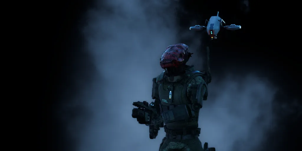 Game title "The Trust" in the lower right beside a humanoid robot soldier and a drone in front of a white smoke background