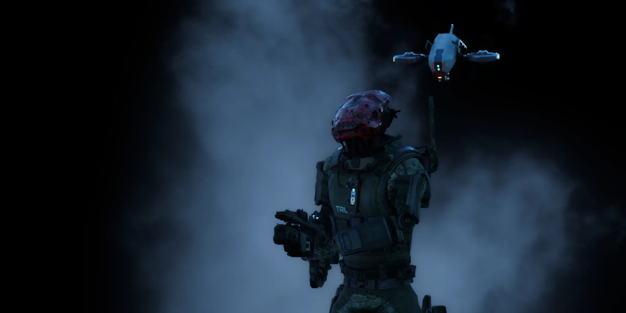 Game title "The Trust" in the lower right beside a humanoid robot soldier and a drone in front of a white smoke background